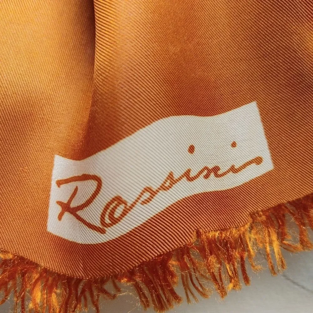 Vintage Rossini Pure Silk Long Scarf Auburn Taupe Boho Fall Quiet Luxury